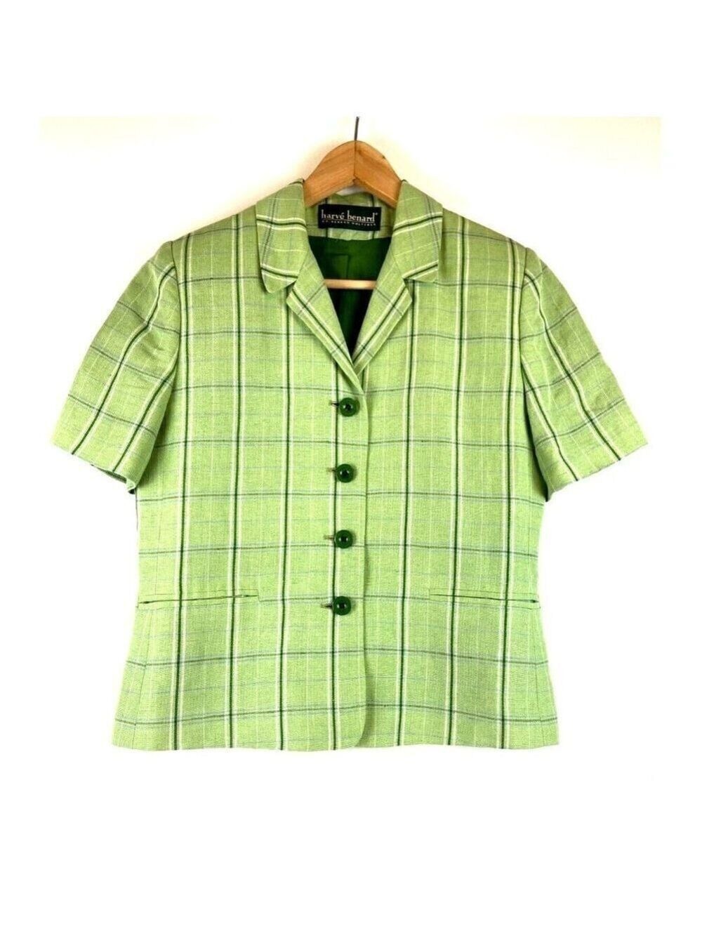 Harvé Benard by Benard Holtzman Women's Short Sleeve Green Plaid Blazer …